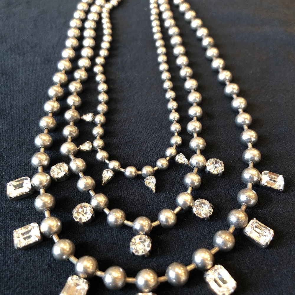 Dannijo Necklace Silver Tone Ball Chain Clear Crystal Triple Layered Strands 18"